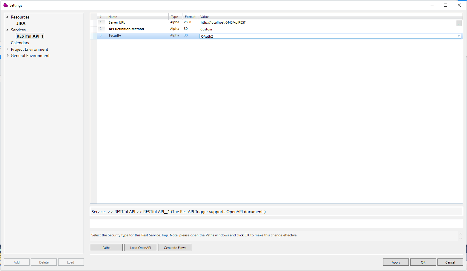 The Settings dialog showing a RESTful API service definition