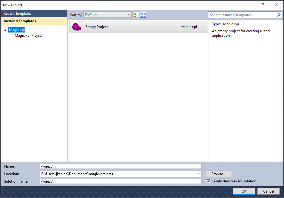 New Project dialog with Magic xpi templates listed and project metadata fields