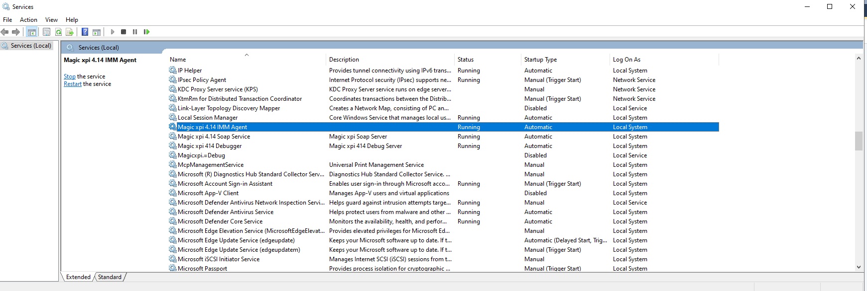 Windows Services panel with Magic xpi 4.14 IMM Agent highlighted, status Running
