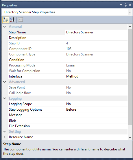 The Directory Scanner step properties pane with general, advanced, logging, and setting sections