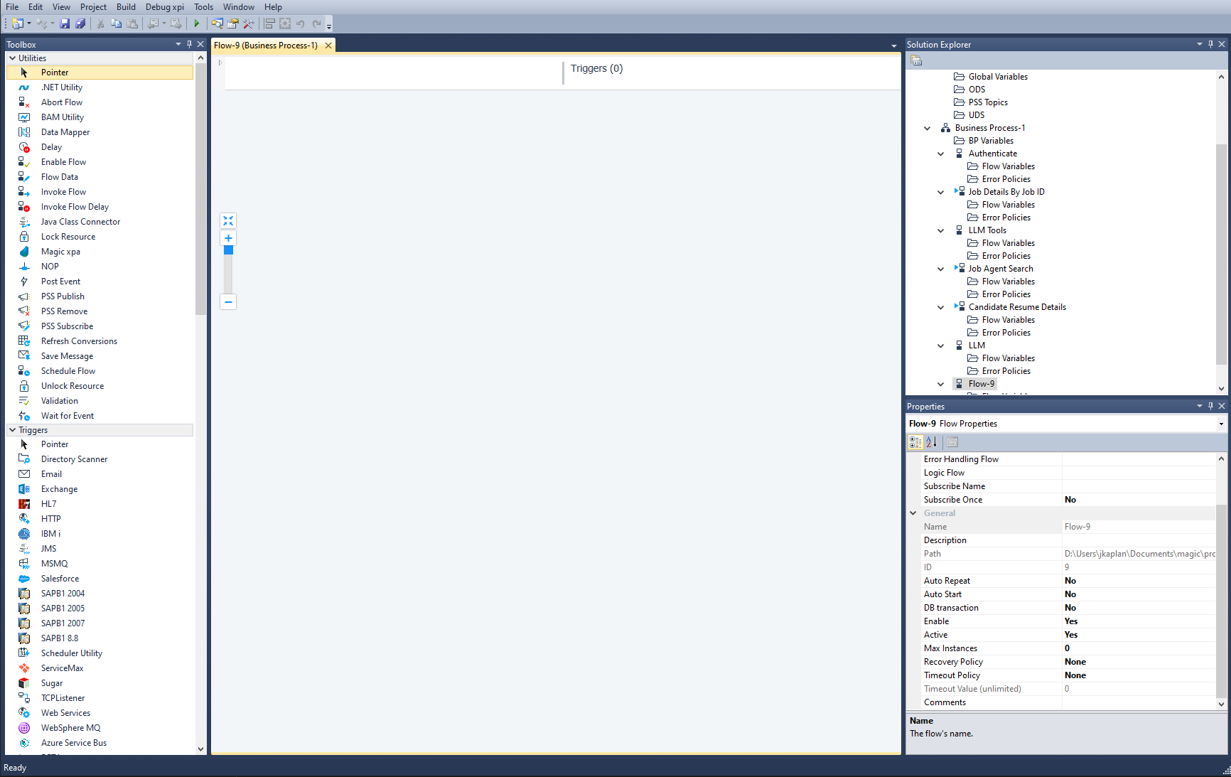 The full Studio showing toolbox, flow editor with trigger area, and the solution explorer
