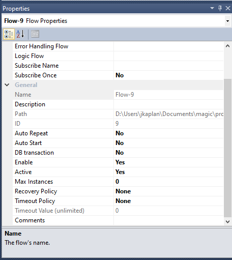 Flow properties pane with General section visible showing Auto Repeat, Auto Start, Enable, etc.